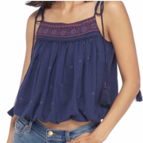 New FREE PEOPLE $78 Navy Blue Eternal Love Embroidered Tassel Tank Size Medium - Picture 1 of 8